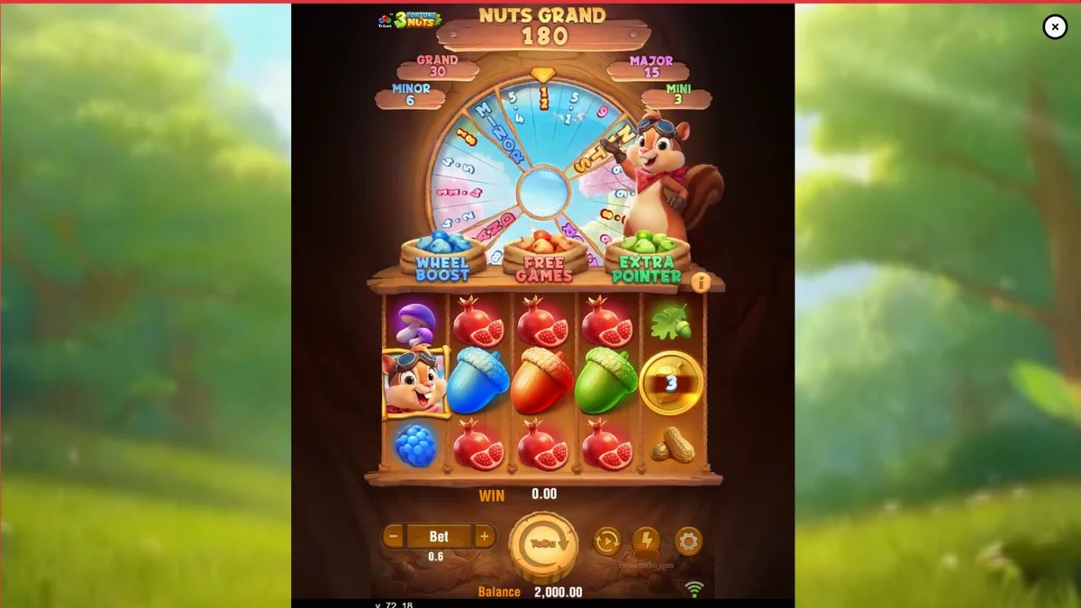 Tampilan visual slot 3 Fortune Nuts dengan tema hutan musim gugur dan simbol kacang emas.